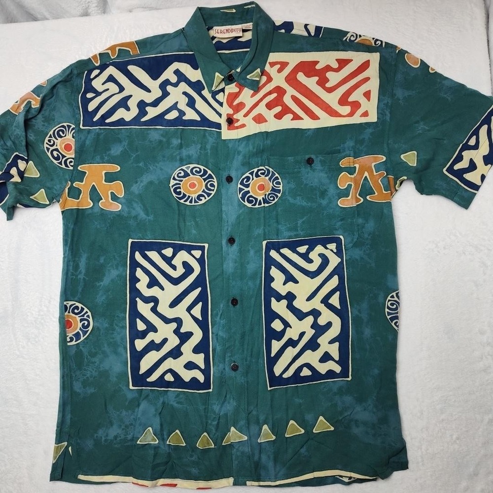 Serendipity Maui Shirt Mens Large Green Rayon Hawaiian Aloha Abstract Print
